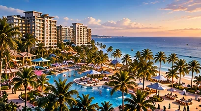 AI-generated conceptual illustration: coastal hotel buildings and tropical pools.