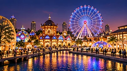AI-generated conceptual illustration: evening amusement promenade with a distant observation wheel.