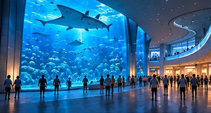 AI-generated conceptual illustration: large aquarium viewing window and visitor gallery.