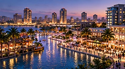 AI-generated conceptual illustration: illuminated waterfront promenade and distant towers.