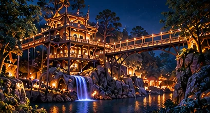 AI-generated conceptual illustration: luminous woodland pavilion, water and suspension bridge.