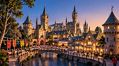 AI-generated conceptual illustration: fantasy town and castle beside a lagoon.