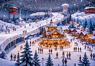 AI-generated conceptual illustration: indoor winter-themed leisure village and suspended cabins.