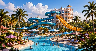 AI-generated conceptual illustration: tropical waterpark pools and slide towers.