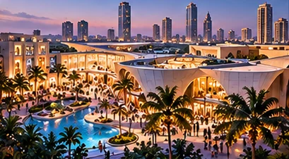 AI-generated conceptual illustration: sculptural civic-style pavilion in an urban plaza.
