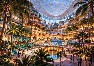 AI-generated conceptual illustration: daylit covered leisure atrium with planted terraces.