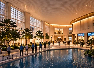AI-generated conceptual illustration: contemporary gallery-like interior and reflecting water.