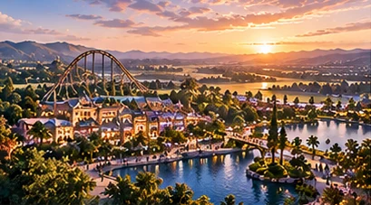 AI-generated conceptual illustration: distant coaster silhouettes beside a landscaped lake.