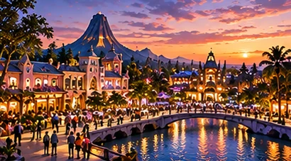 AI-generated conceptual illustration: fantasy leisure district around a lagoon at sunset.