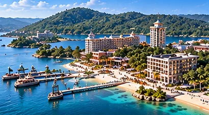 AI-generated conceptual illustration: coastal resort landscape, hotels and marina.